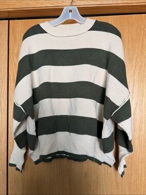 Striped Crewneck Sweater in Dark Green and Cream
